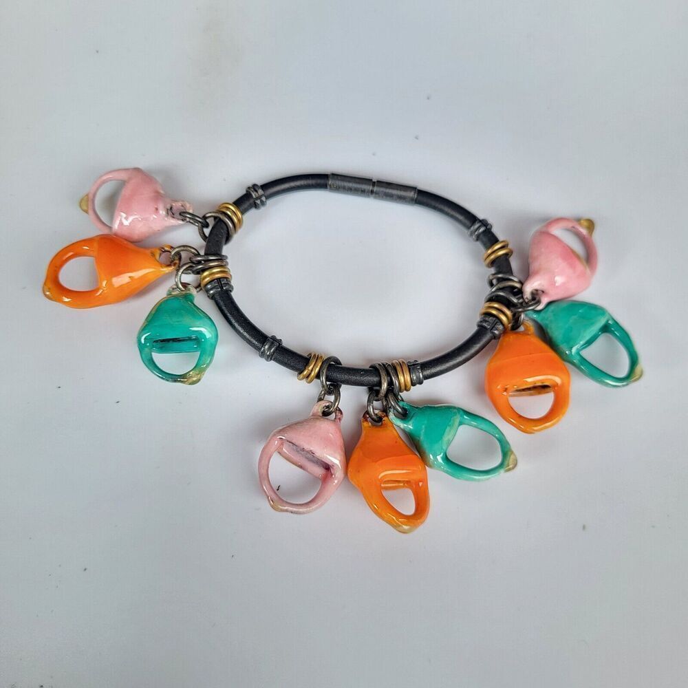 Rare Unique Abstract Ceramic Beaded Bracelet on Rubber Cord 7.25 in